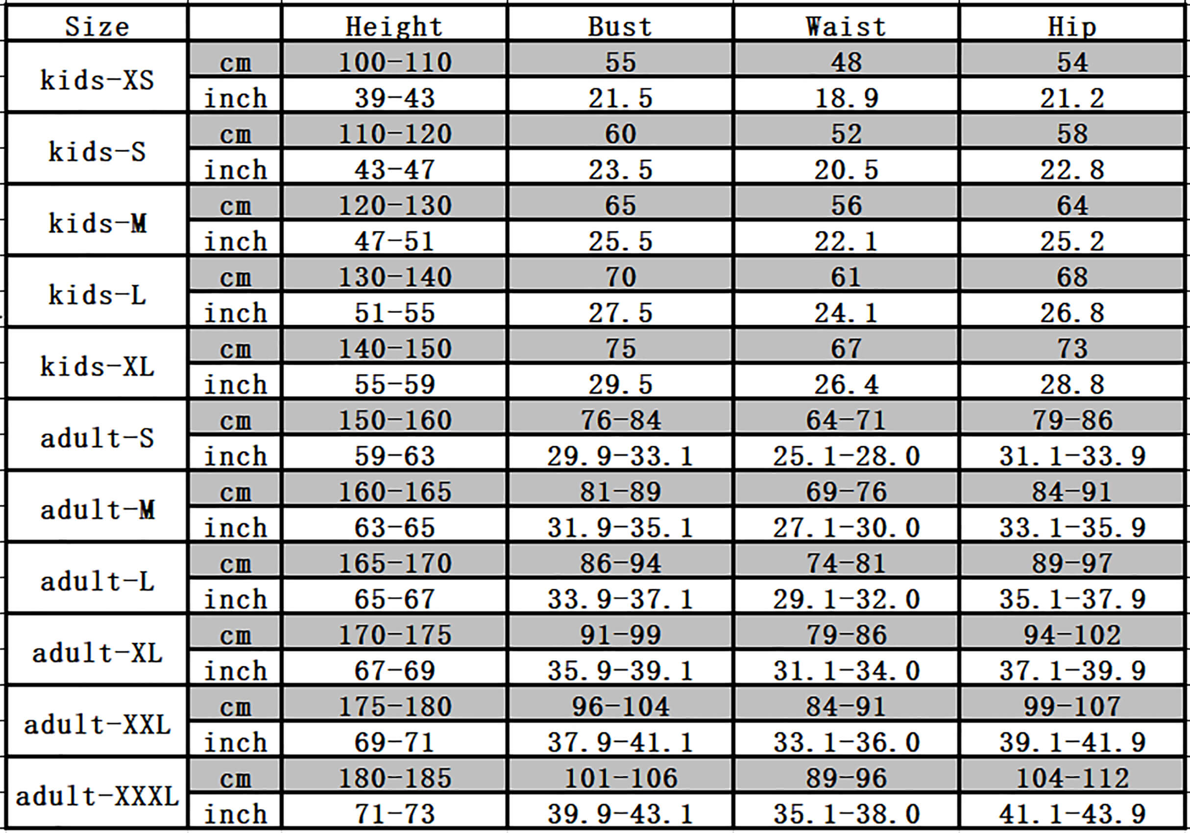 bodysuit costume size chart